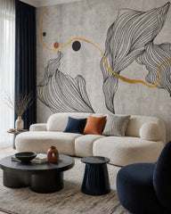 Grey and gold line art wallpaper in a designer living room.