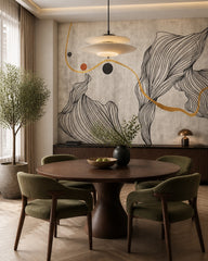 Grey and gold line art wallpaper in a refined dining area.
