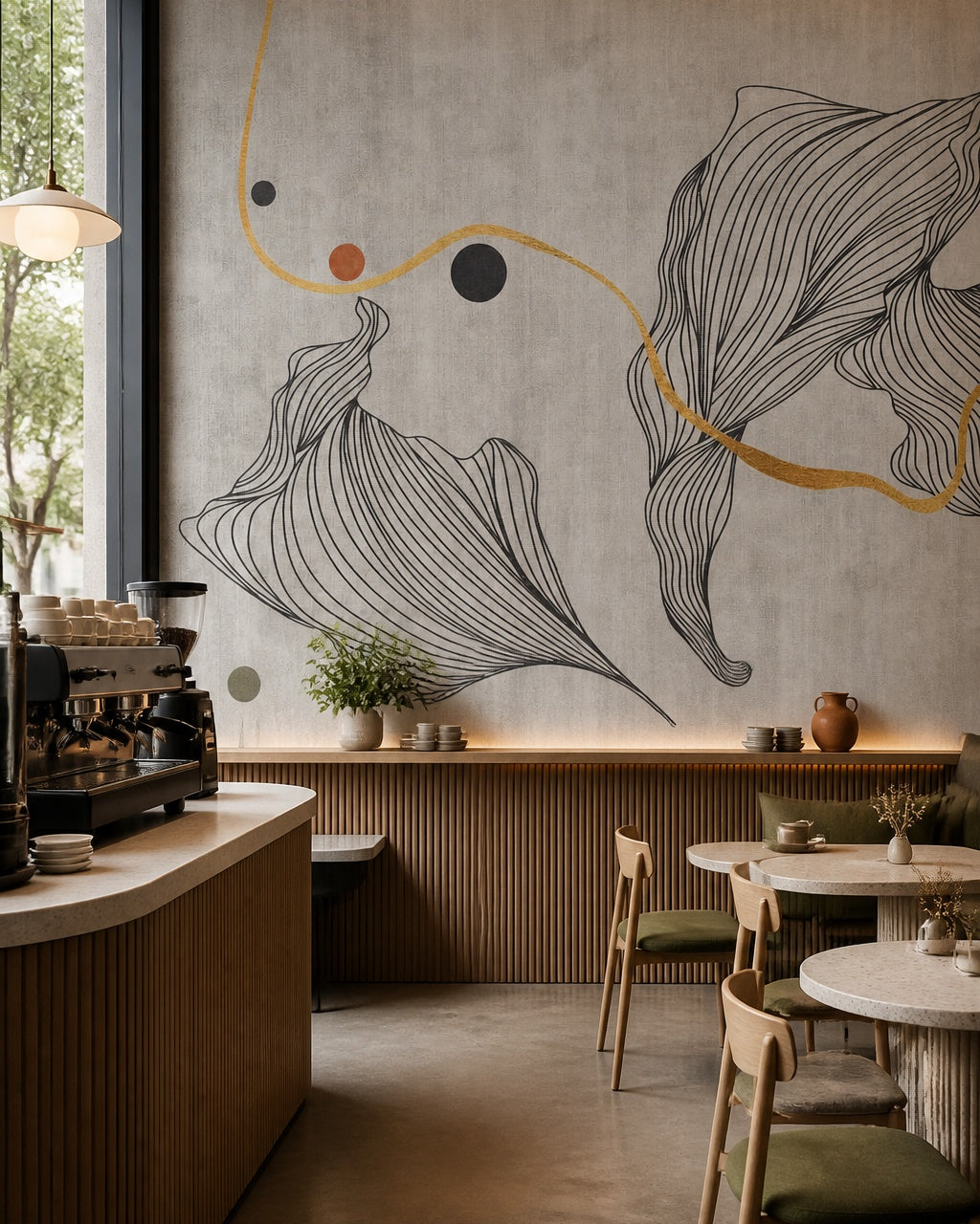 Grey and gold line art wallpaper in a specialty coffee shop.