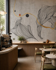 Grey and gold line art wallpaper in a specialty coffee shop.