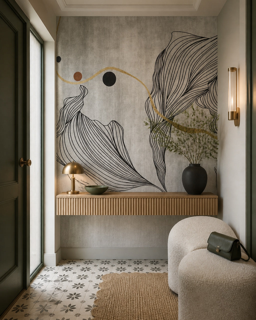 Grey and gold line art wallpaper in a designer entrance hall.