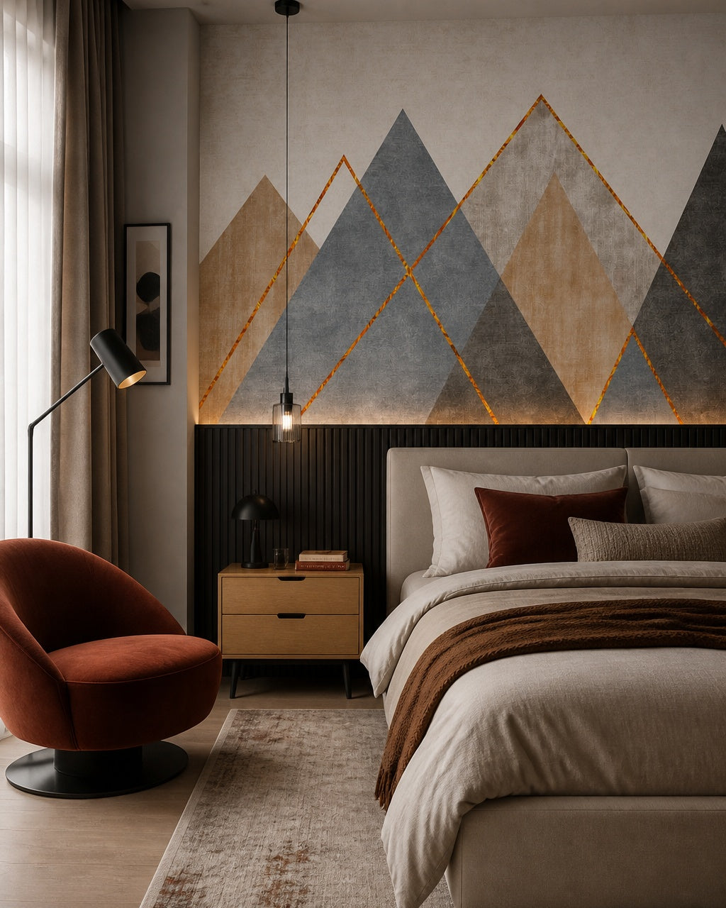 Geometric mountains wallpaper in a designer bedroom.