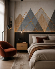 Geometric mountains wallpaper in a designer bedroom.