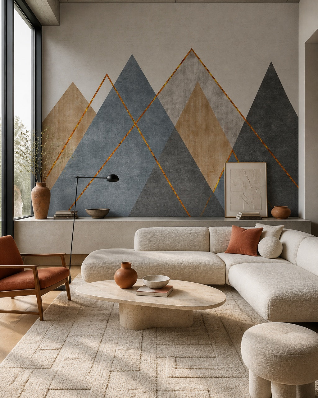 Geometric mountains wallpaper in a designer living room.
