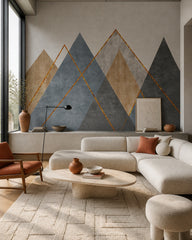 Geometric mountains wallpaper in a designer living room.