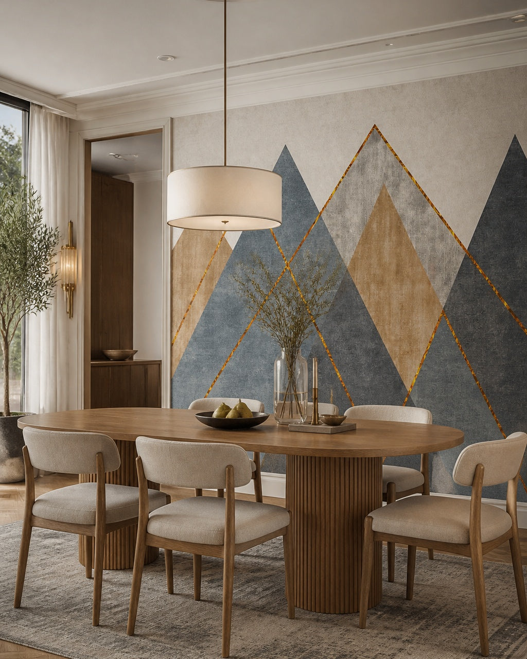Geometric mountains wallpaper in a refined dining area.