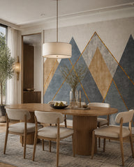 Geometric mountains wallpaper in a refined dining area.