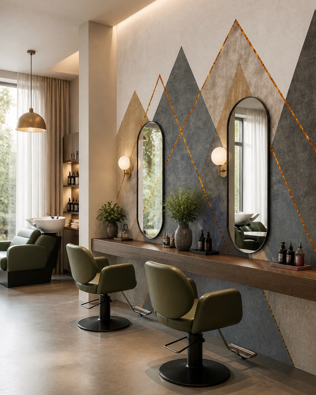 Geometric mountains wallpaper in a beauty salon.