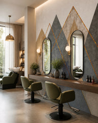 Geometric mountains wallpaper in a beauty salon.