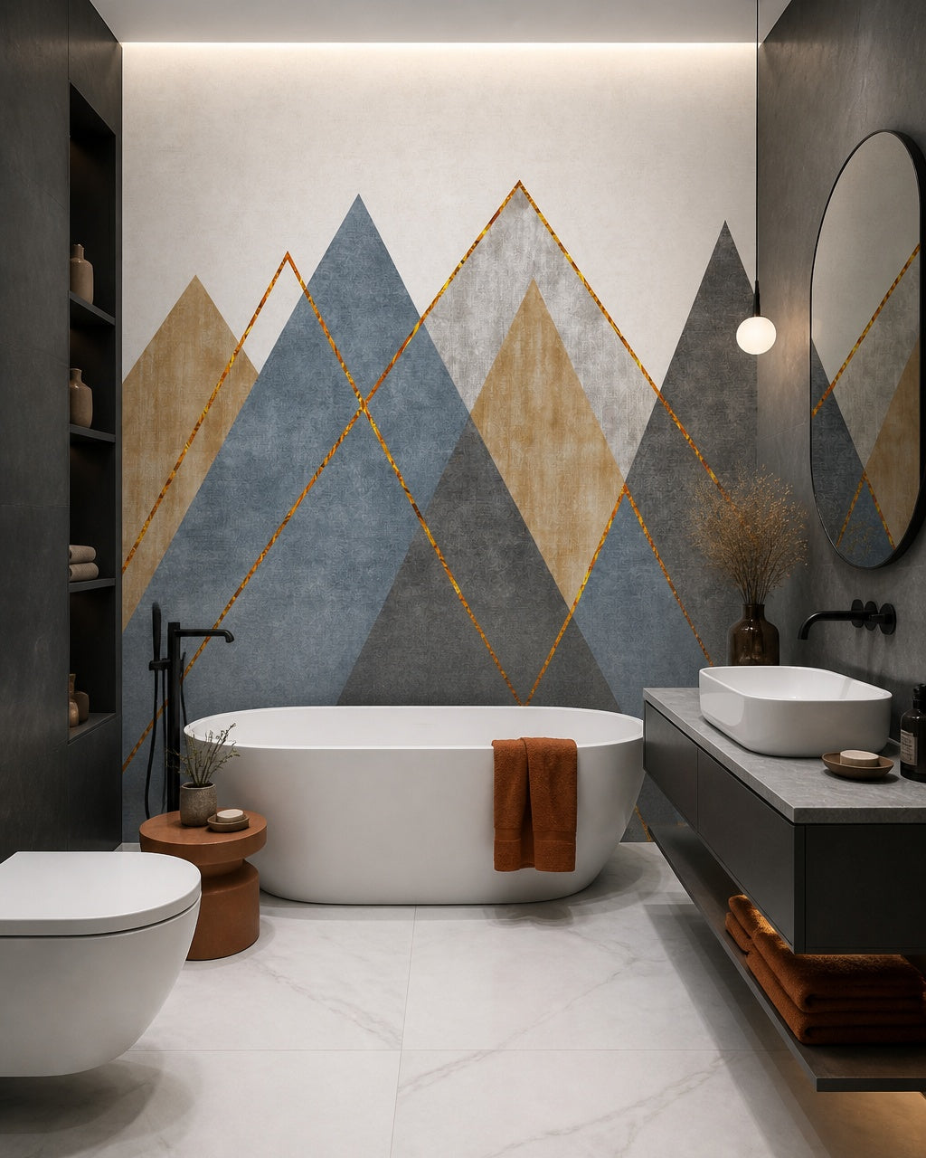 Geometric mountains wallpaper in a luxury bathroom.