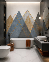 Geometric mountains wallpaper in a luxury bathroom.