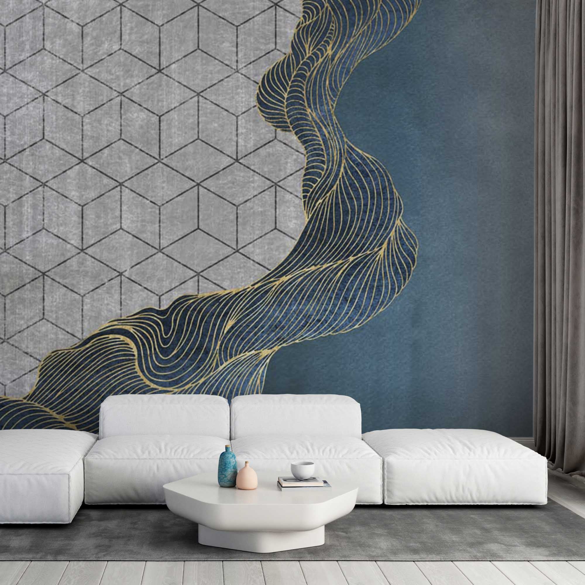 Art Deco Mural Wallpaper | Abstract Golden Shape On White Background