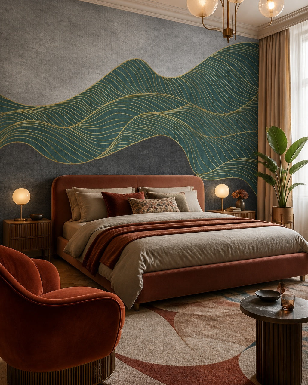 Gold line art wallpaper in a designer bedroom.