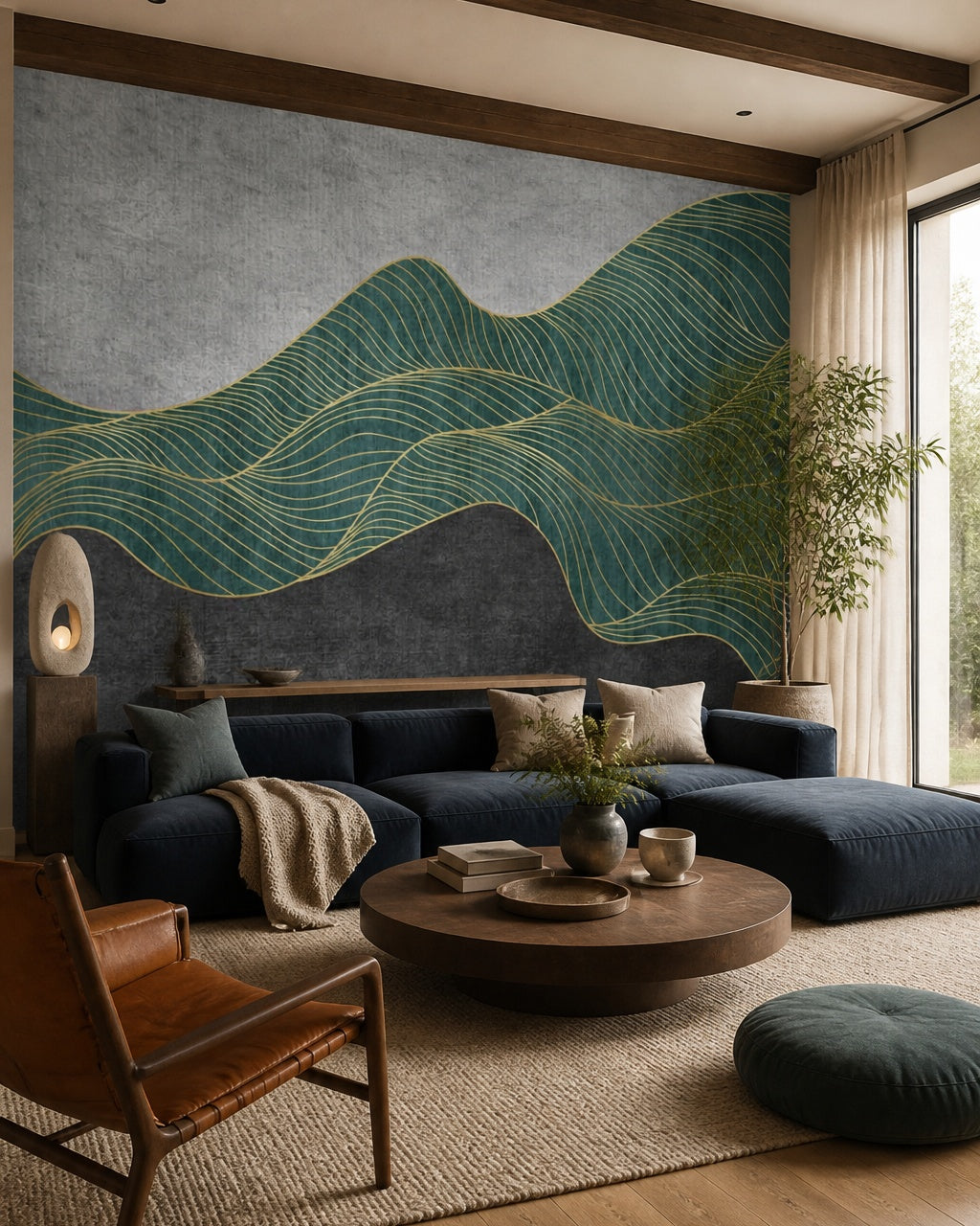 Gold line art wallpaper in a designer living room.