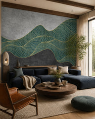 Gold line art wallpaper in a designer living room.