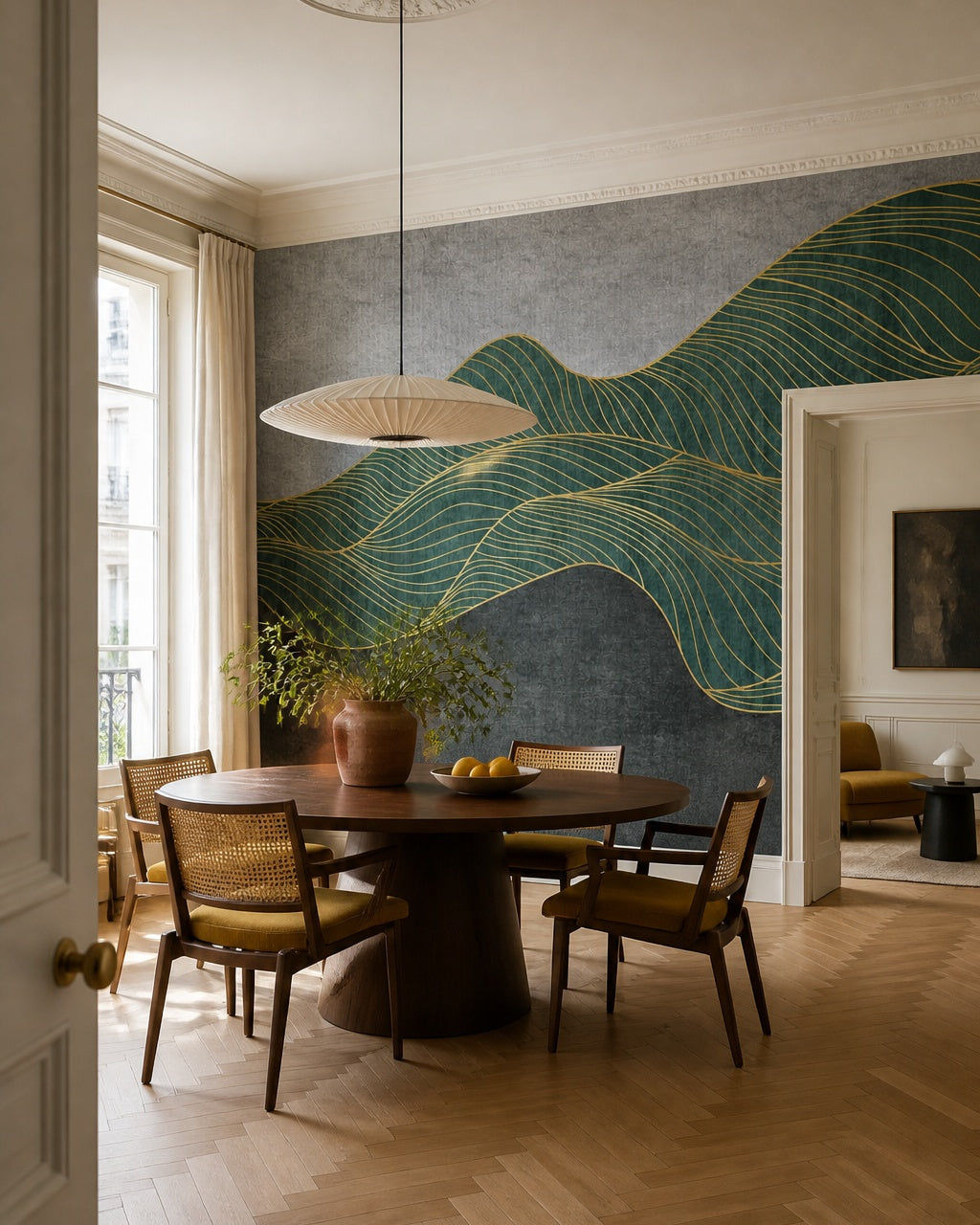 Gold line art wallpaper in a refined dining area.