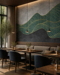 Gold line art wallpaper in a restaurant.