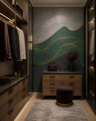 Gold line art wallpaper in a walk-in wardrobe.