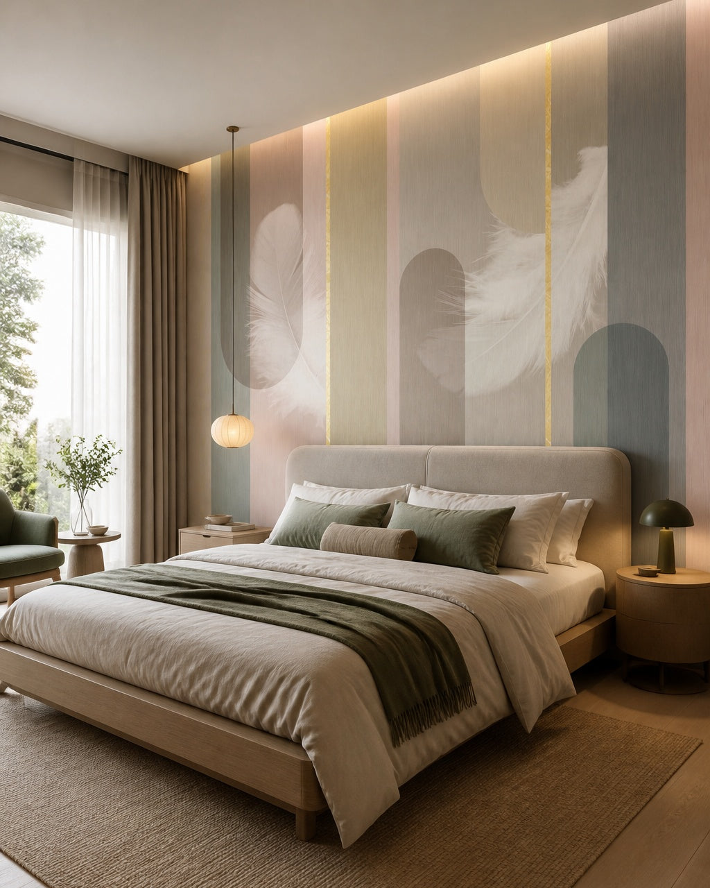 Feather and stripe wallpaper in a designer bedroom.