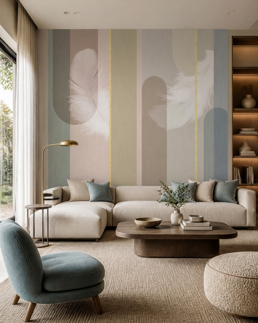 Feather and stripe wallpaper in a designer living room.