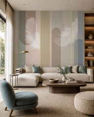 Feather and stripe wallpaper in a designer living room.