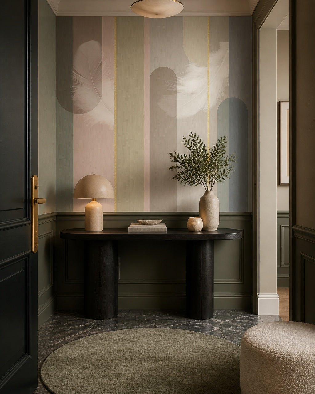Feather and stripe wallpaper in a designer entrance hall.