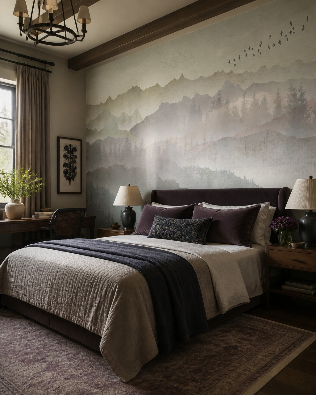 Serene mountain landscape wallpaper in a designer bedroom.