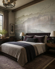 Serene mountain landscape wallpaper in a designer bedroom.