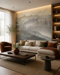 Serene mountain landscape wallpaper in a designer living room.