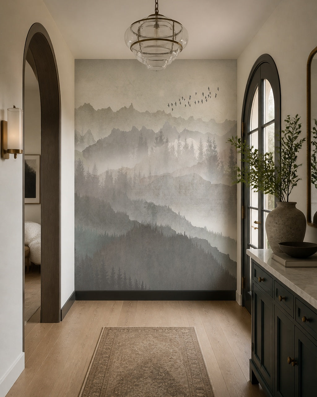 Serene mountain landscape wallpaper in an architectural hallway.