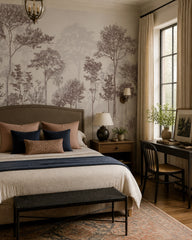 Forest trees wallpaper in a designer bedroom.