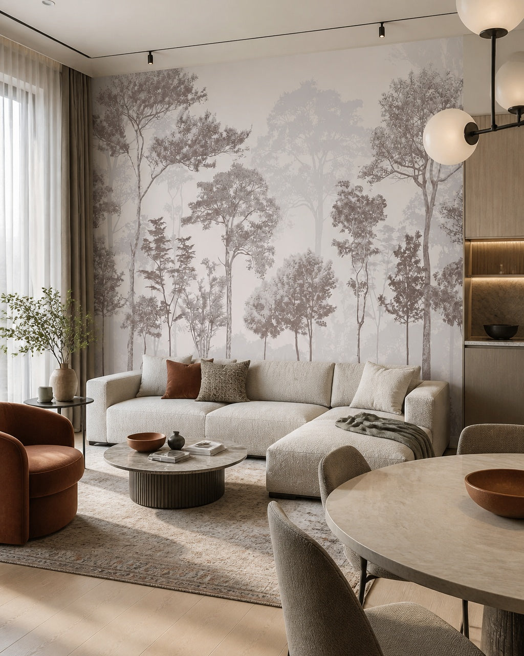 Forest trees wallpaper in a designer living room.
