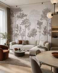Forest trees wallpaper in a designer living room.