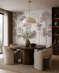 Forest trees wallpaper in a refined dining area.