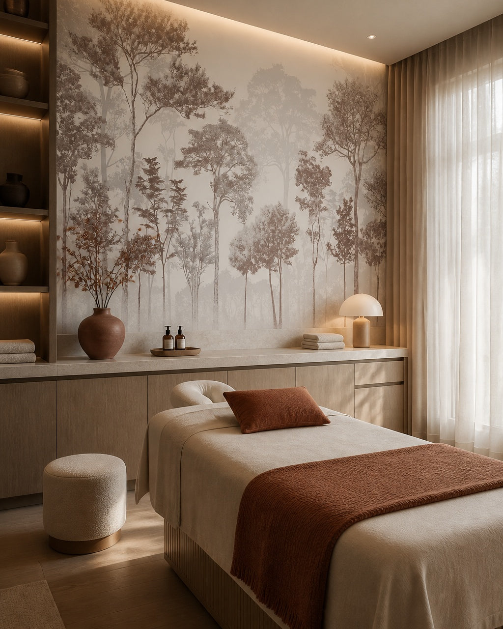 Forest trees wallpaper in a wellness spa.