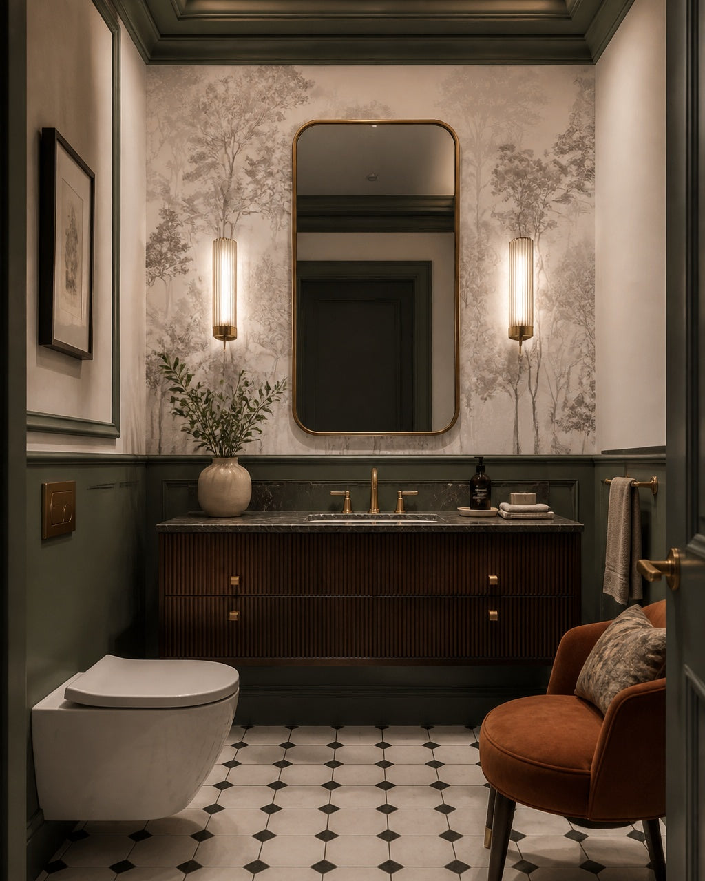 Forest trees wallpaper in an elegant powder room.