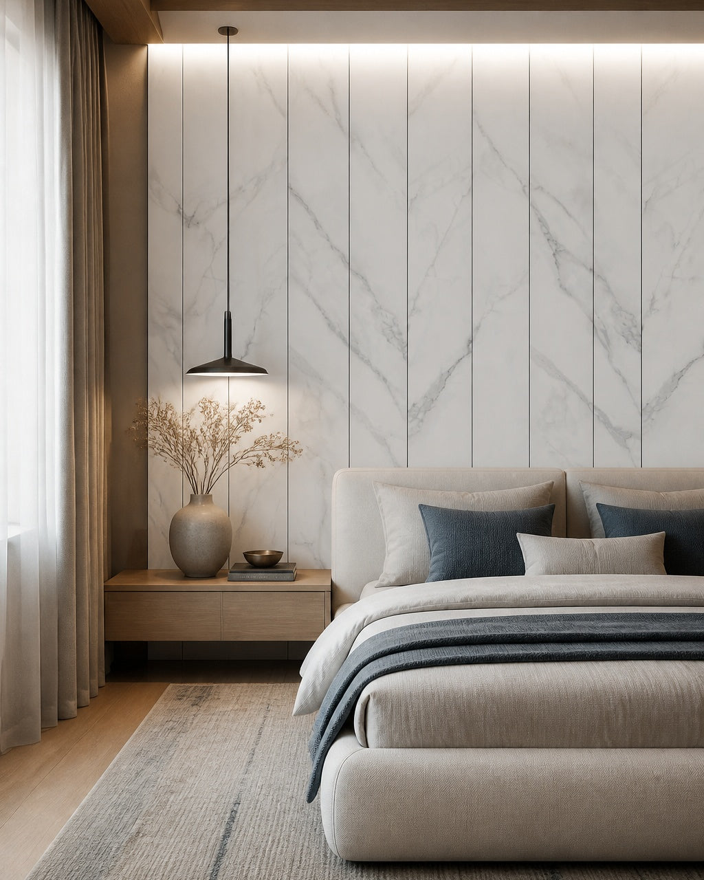 White marble panels with black lines wall mural in a designer bedroom.