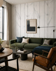 White marble panels with black lines wall mural in a designer living room.