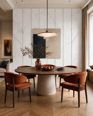 White marble panels with black lines wall mural in a refined dining area.