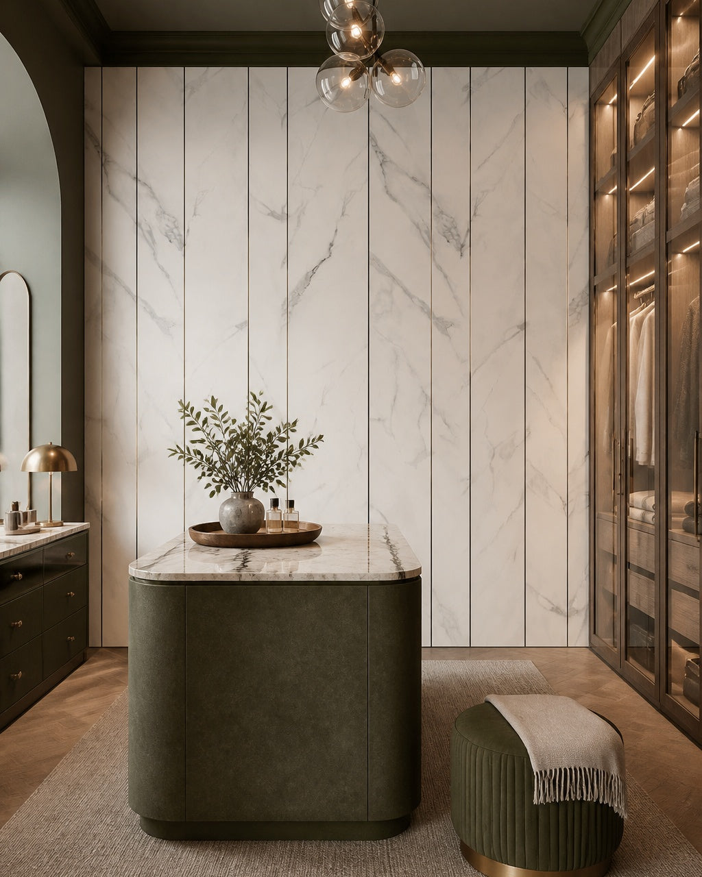 White marble panels with black lines wall mural in a dressing room.