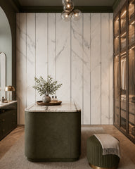 White marble panels with black lines wall mural in a dressing room.