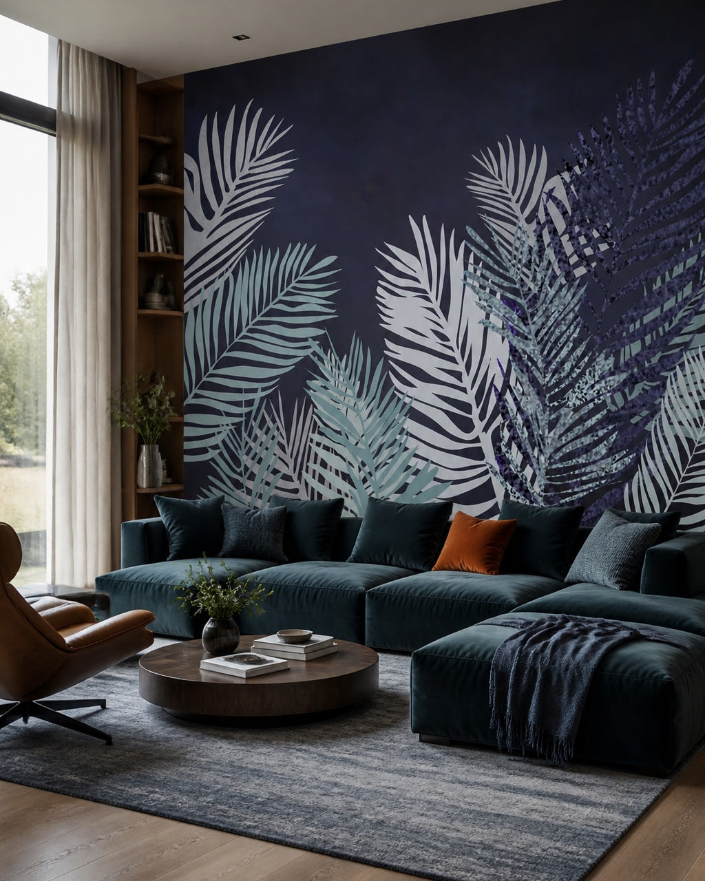 Dark navy palm leaves wallpaper in a designer living room.