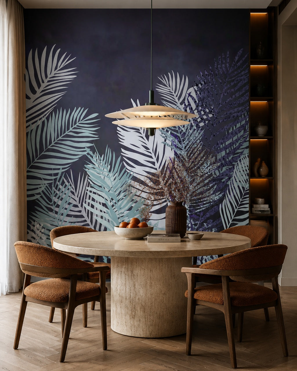 Dark navy palm leaves wallpaper in a refined dining area.