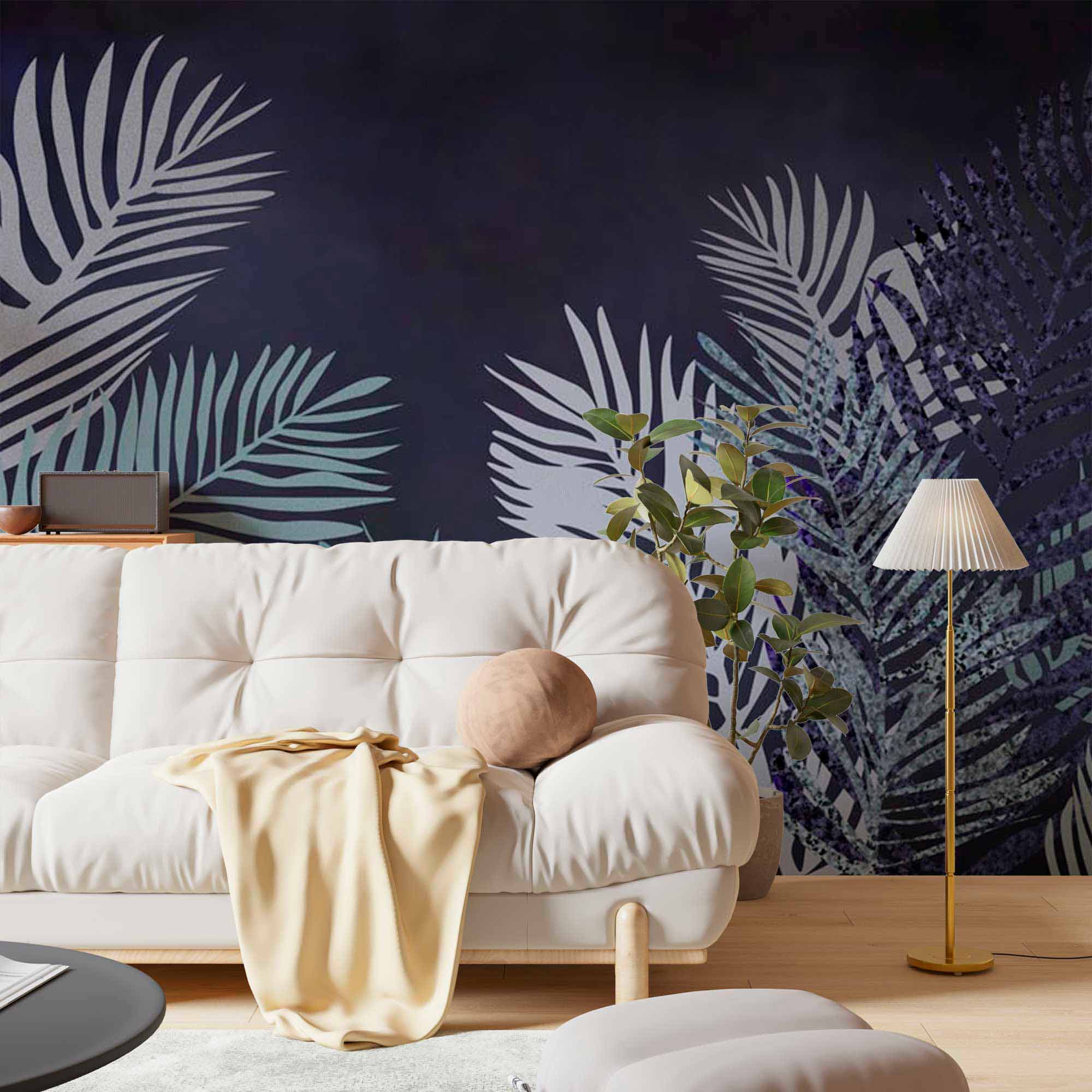 Tropical Wall Mural Exotic Palm Tree Leaf Dark Blue Wallpaper