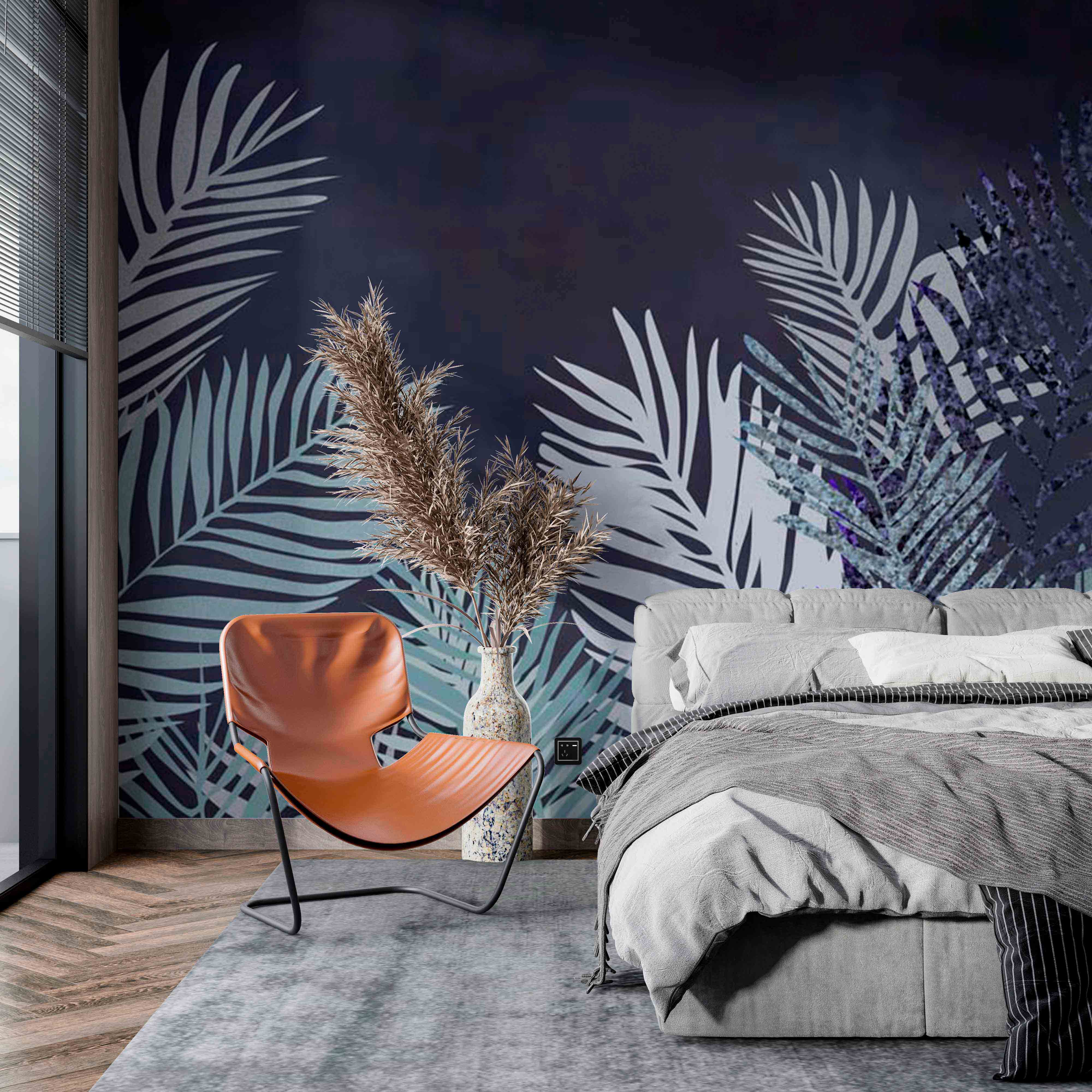 Tropical Wall Mural Exotic Palm Tree Leaf Dark Blue Wallpaper