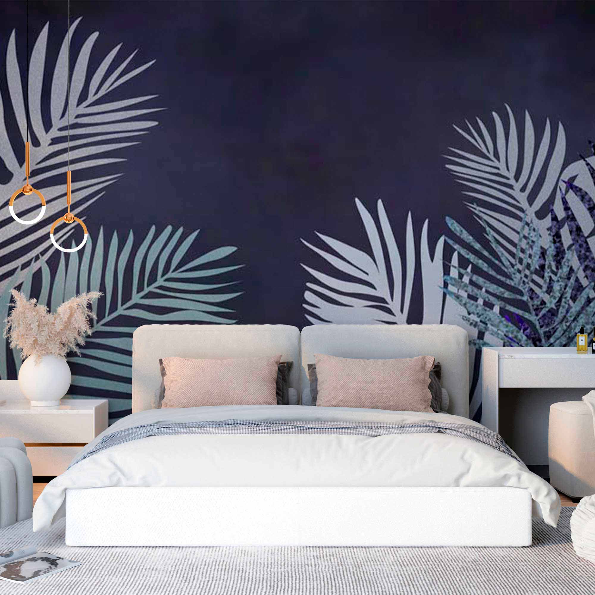 Tropical Wall Mural Exotic Palm Tree Leaf Dark Blue Wallpaper