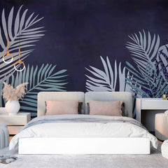 Custom Tropical Wall Mural Exotic Palm Tree Leaf Dark Blue Wallpaper