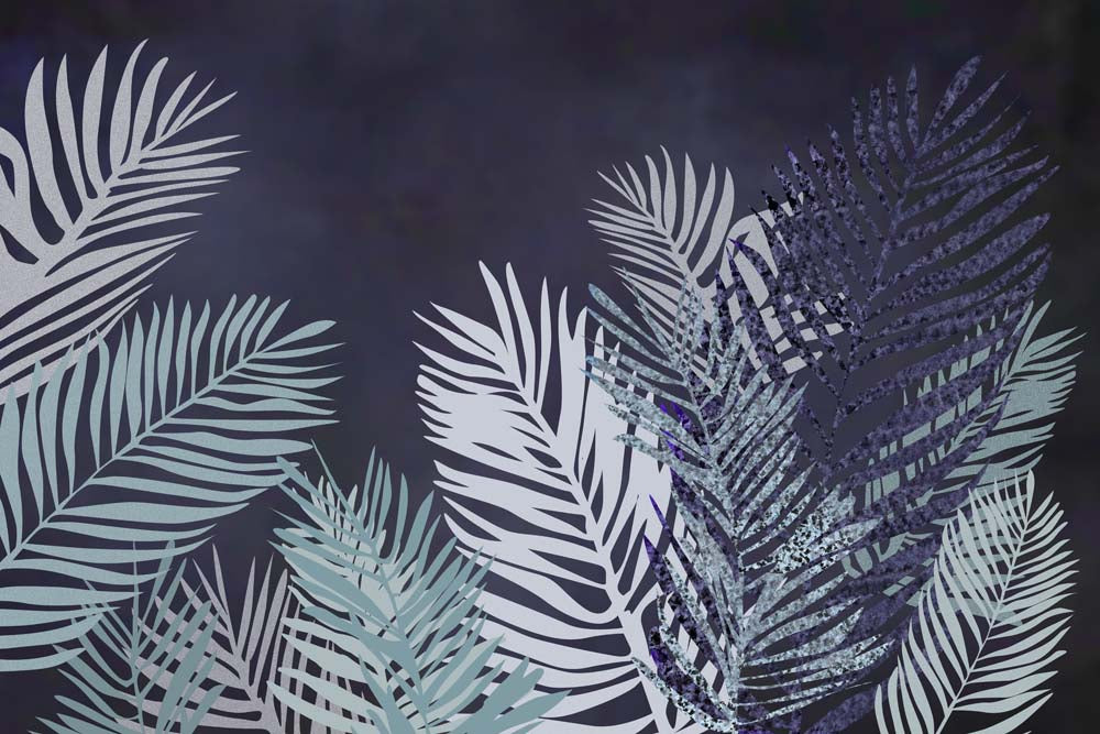 Papier peint feuilles de palmier bleu marine foncé – Papier peint panoramique tropical aux palmes bleu-gris