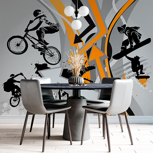 Extreme Sports Action Wall Mural - Dynamic BMX and Snowboarding Design