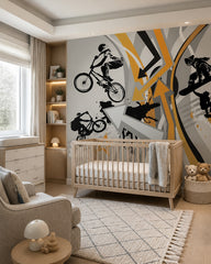 Extreme sports wallpaper in a modern nursery with a crib.